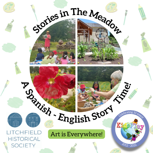 Collage of photos of kids hearing stories with text reading: Stories in the Meadow, A Spanish - English Story Time !