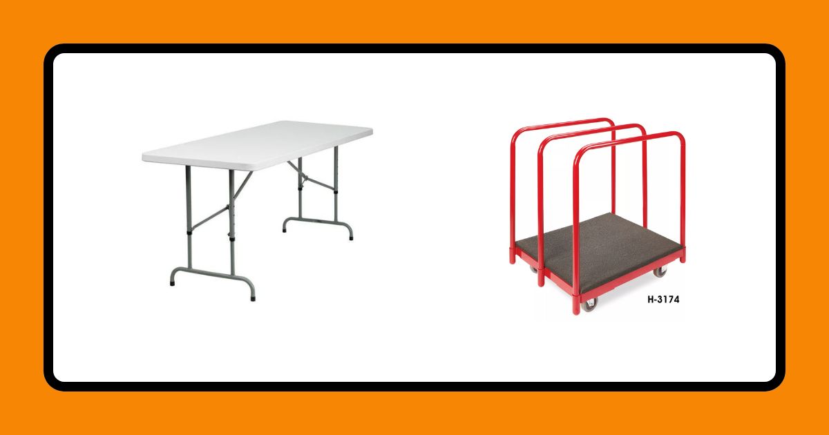 Finishing Funds: Tables A graphic with an orange border and a white background. It depicts a folding table and a table mover cart.
