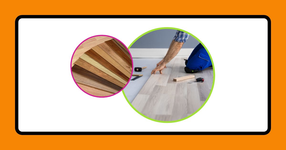 Finishing Funds: Finish Flooring A graphic with an orange border and a white background. It depicts flooring samples and someone installing flooring.