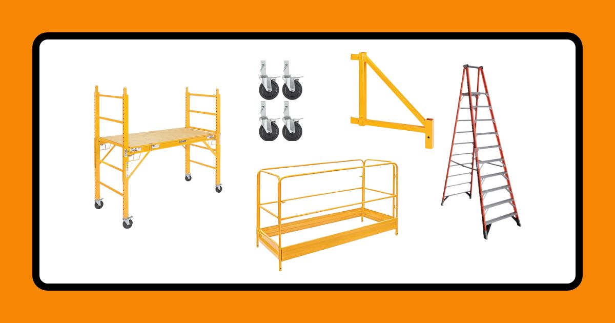 Finishing Funds: Tools A graphic with an orange border and a white background. It depicts a ladder, a scaffold, a guard rail, an outrigger kit, and casters.