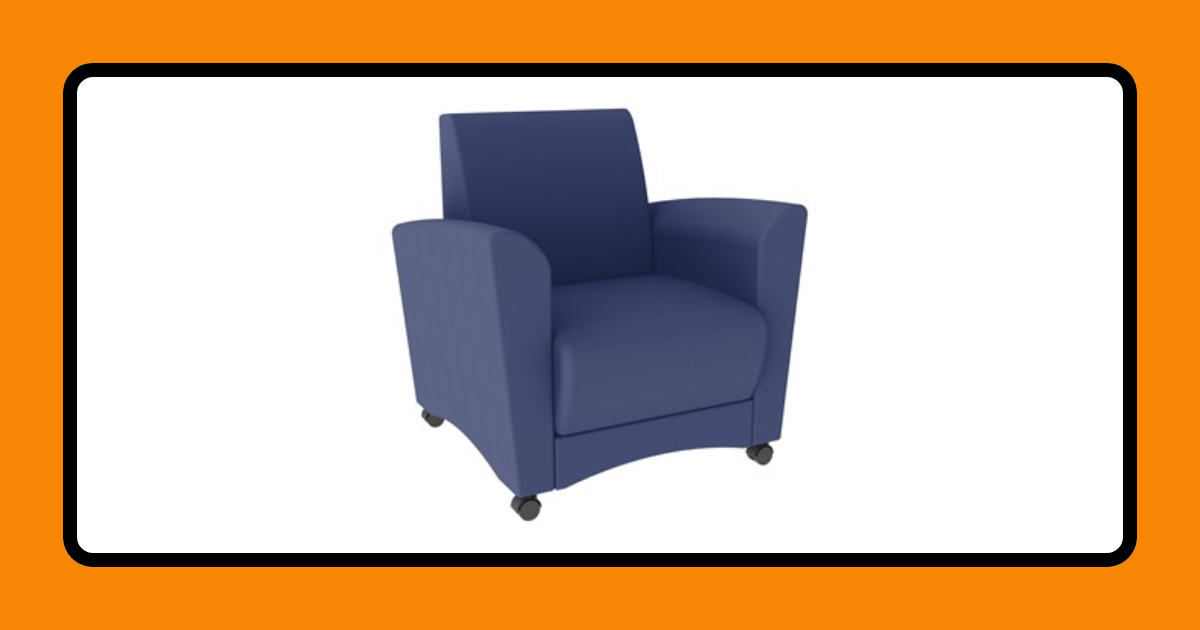 Finishing Funds: Grandparents Chair A graphic with an orange border and a white background. It depicts a comfortable-looking blue chair on wheels.