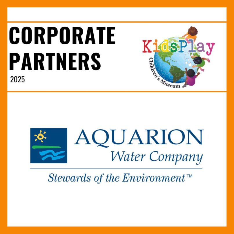 A square graphic with a white background and an orange border. Black text reads "Corporate Partners 2025." Next to the text is the KidsPlay logo. Below the text is the Aquarion Water Company logo.