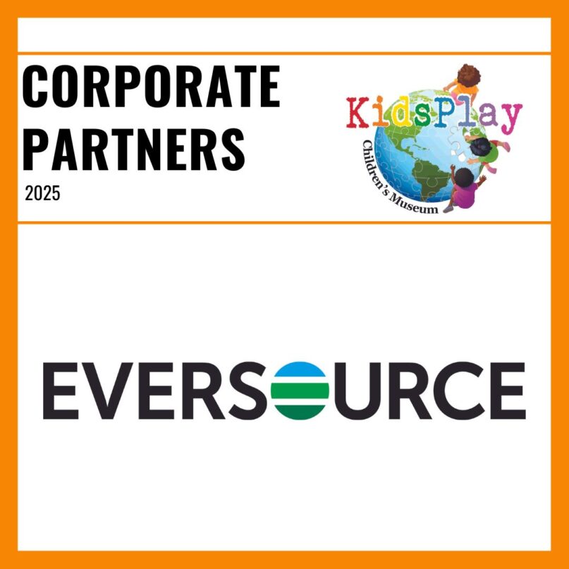 A square graphic with a white background, an orange border, and black text reading "Corporate Partners 2025." The KidsPlay logo is in the upper right hand corner and the Eversource logo is on the bottom half of the image.