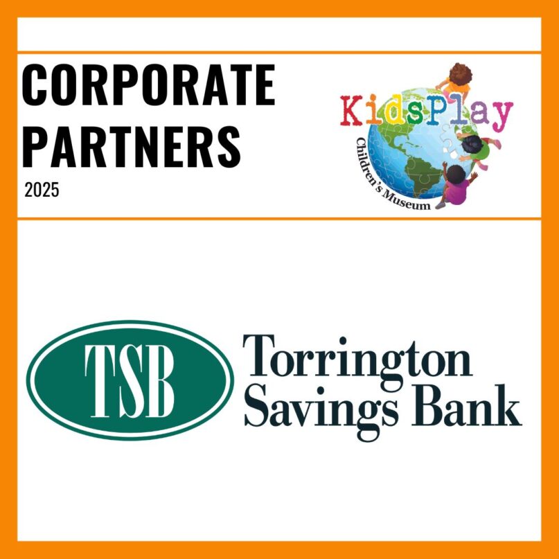 A square graphic with an orange border and a white background. Bold black text reads "Corporate Partners 2025" with the KidsPlay logo to the right of the text. A thin orange line is beneath the text. Under the line is the Torrington Savings Bank logo.