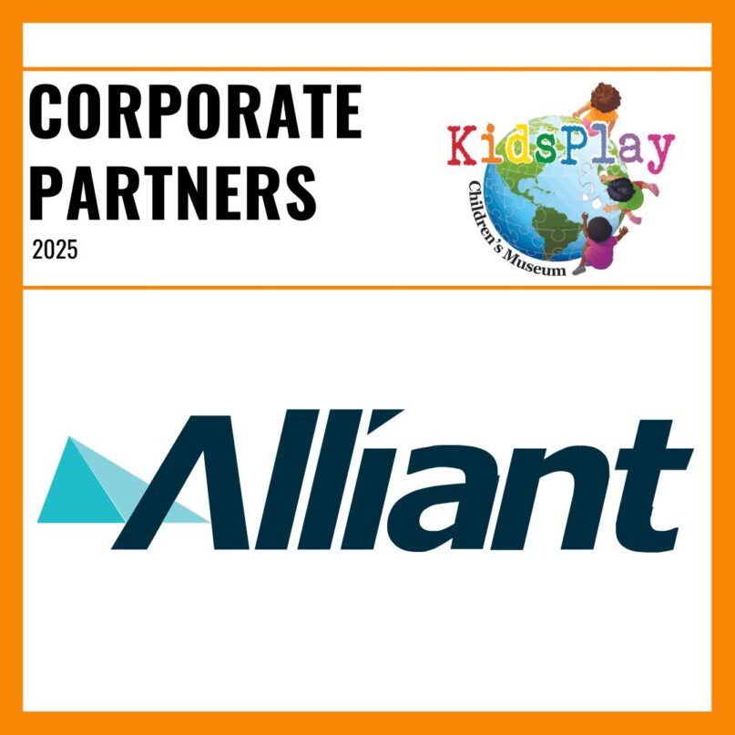 A square graphic with an orange border and a white background. Bold black text reads "Corporate Partners 2025" with the KidsPlay logo to the right of the text. A thin orange line is beneath the text. Under the line is the Alliant logo.