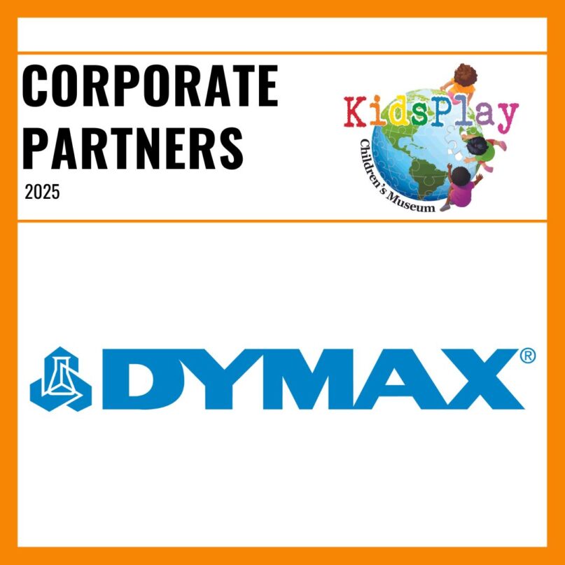 A square graphic with an orange border and a white background. Bold black text reads "Corporate Partners 2025" with the KidsPlay logo to the right of the text. A thin orange line is beneath the text. Under the line is the Dymax logo.