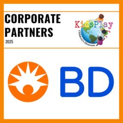 A square graphic with an orange border and a white background. Bold black text reads "Corporate Partners 2025" with the KidsPlay logo to the right of the text. A thin orange line is beneath the text. Under the line is the BD logo.